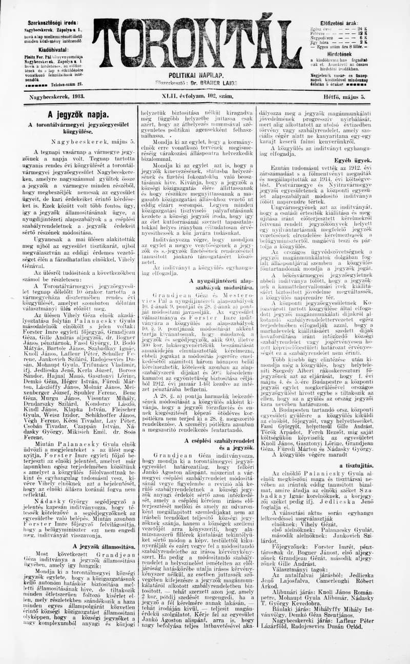 Torontál, 42. évf. 1913. május 5. 102. sz.