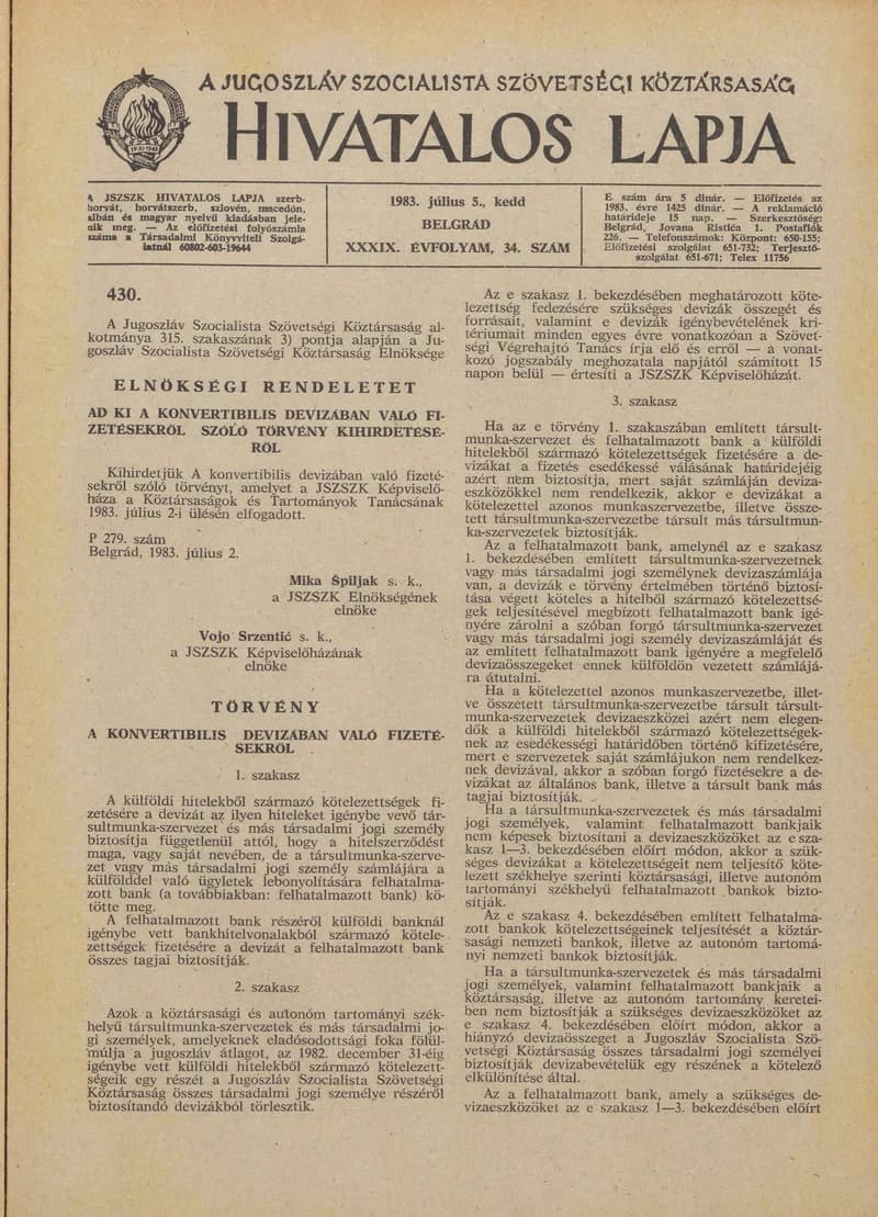 A Jugoszláv Szocialista Szövetségi Köztársaság Hivatalos Lapja, 39. évf. 1983. július 5. 34. sz. 997–1004. oldal