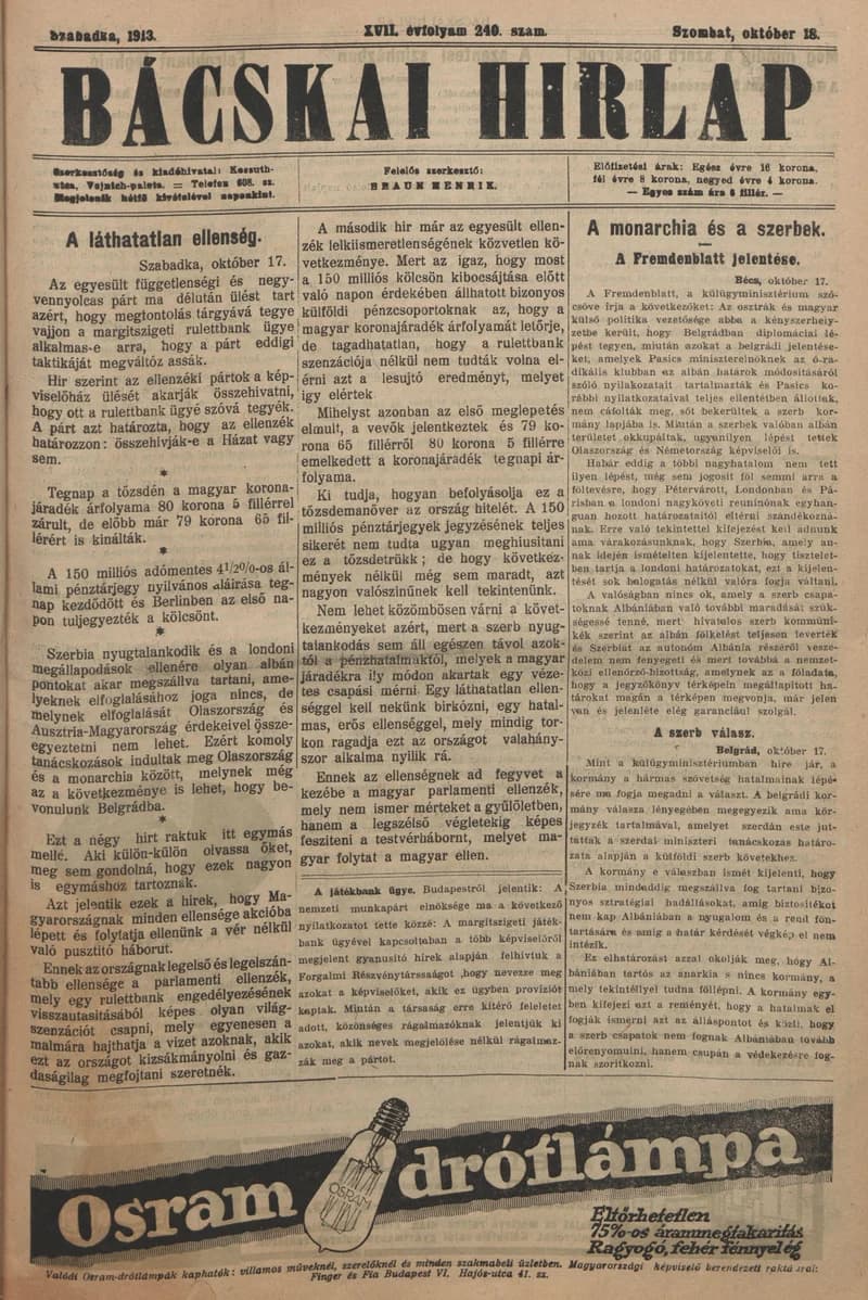 Bácskai Hirlap, 17. évf. 1913. október 18. 240. sz.