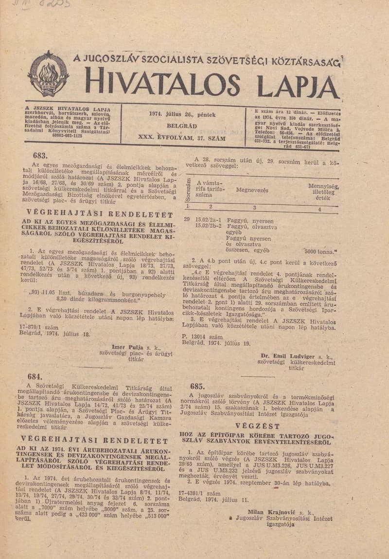 A Jugoszláv Szocialista Szövetségi Köztársaság Hivatalos Lapja, 30. évf. 1974. július 26. 37. sz. 1229–1276. oldal