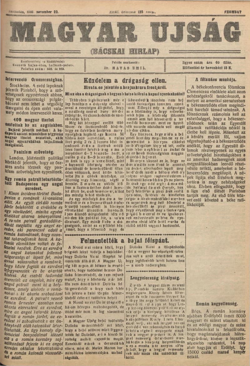 Bácskai Hirlap, 23. évf. 1919. november 22. 135. sz.