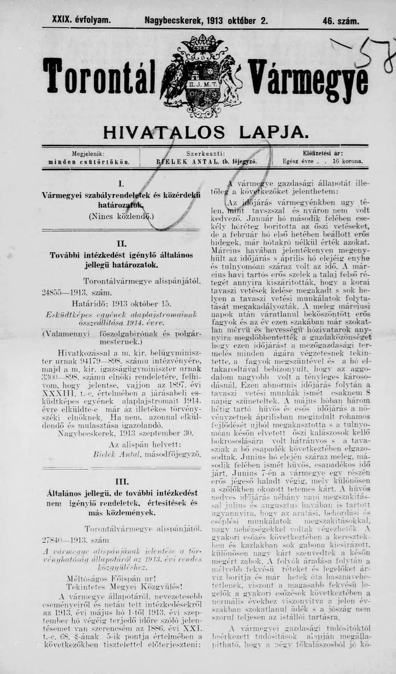 Torontál Vármegye Hivatalos Lapja, 29. évf. 1913. október 2. 46. sz.