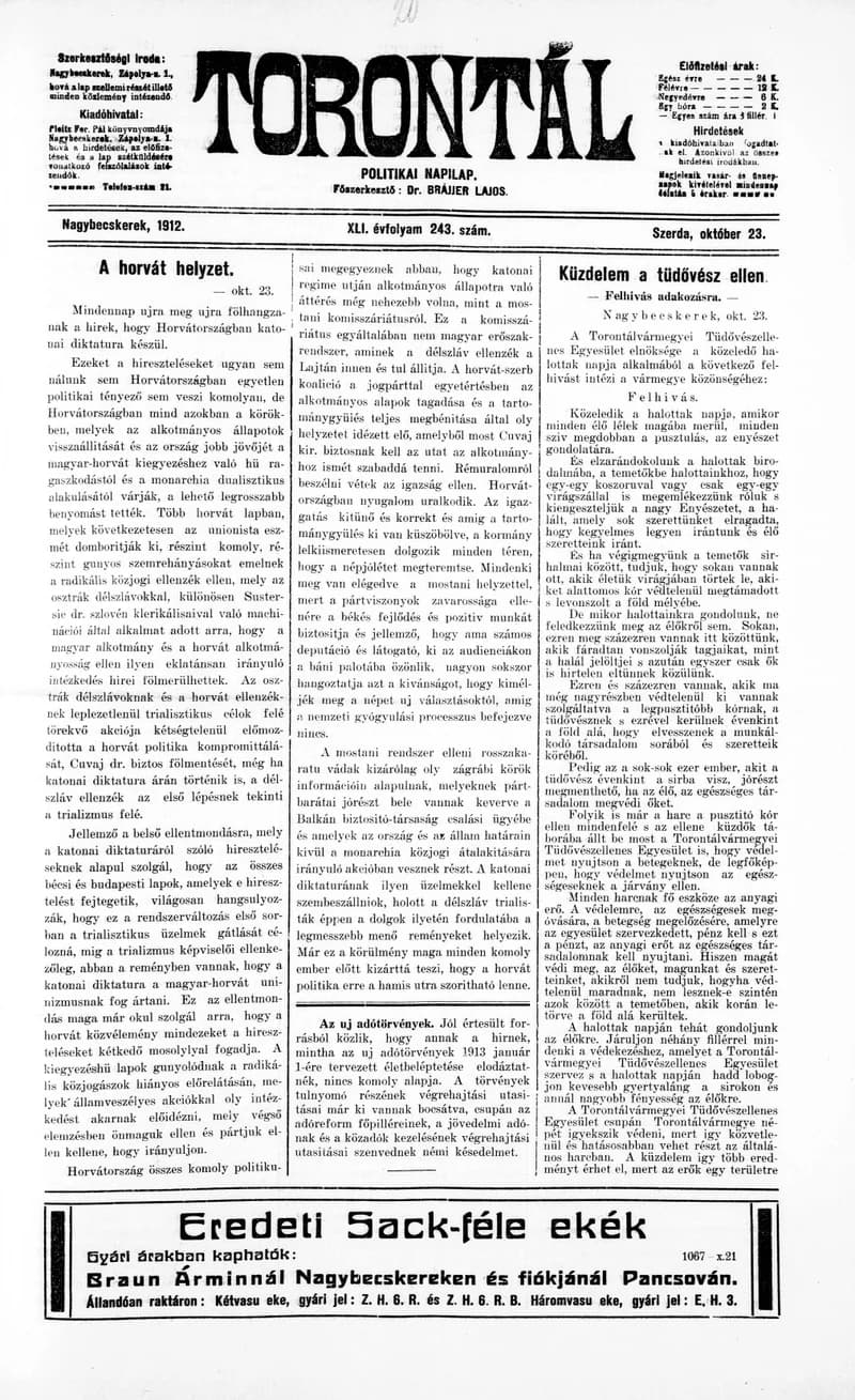 Torontál, 41. évf. 1912. október 23. 243. sz.