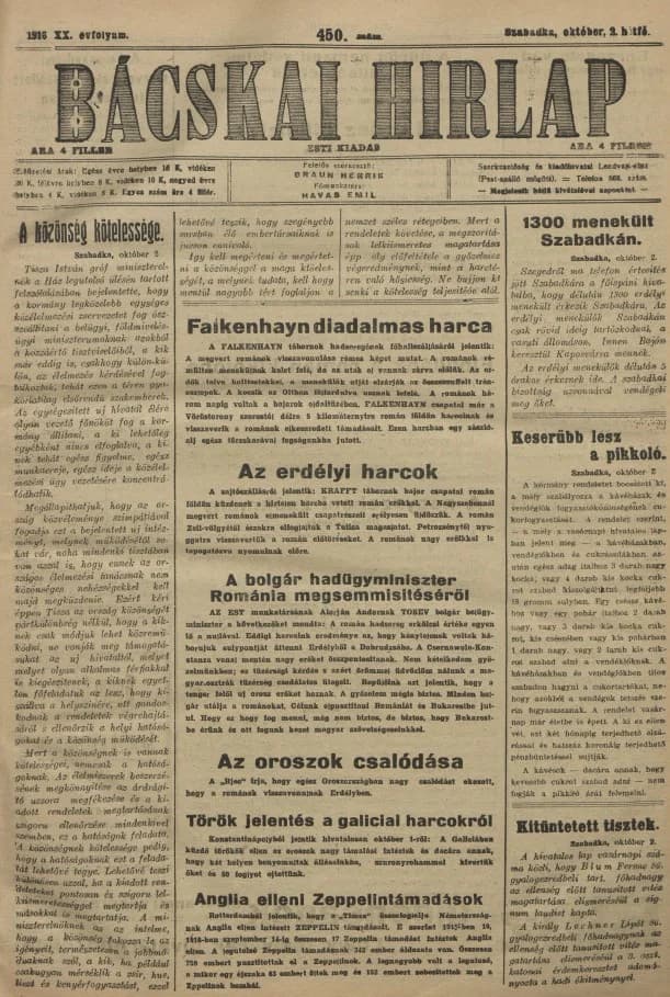 Bácskai Hirlap, 20. évf. 1916. október 2. 450. sz.