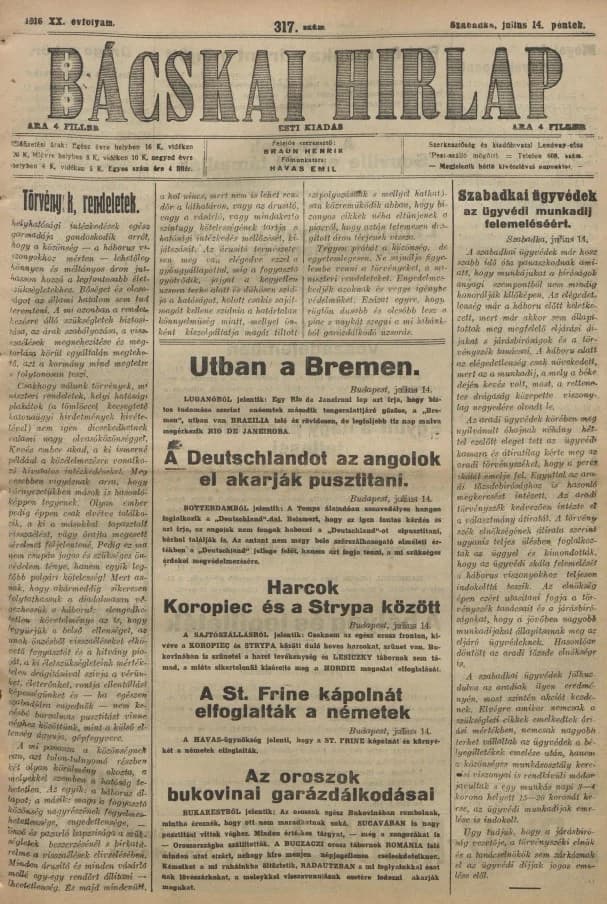 Bácskai Hirlap, 20. évf. 1916. július 14. 318. sz.