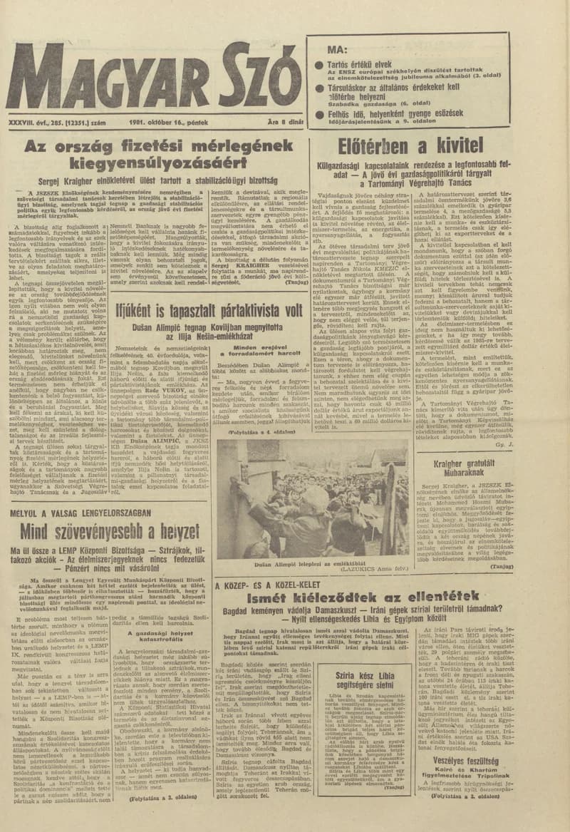 Magyar Szó, 38. évf. 1981. október 16. 285. sz.