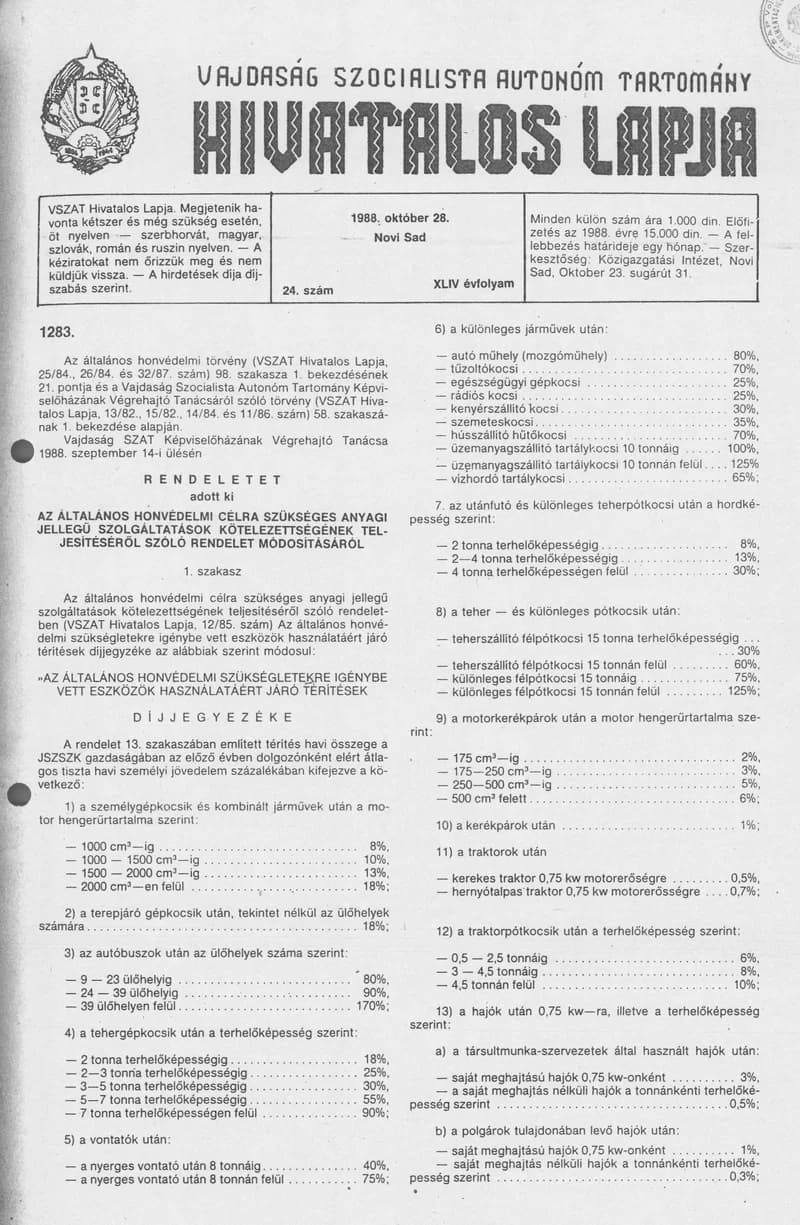 Vajdaság Szocialista Autonóm Tartomány Hivatalos Lapja, 44. évf. 1988. október 28. 24. sz.