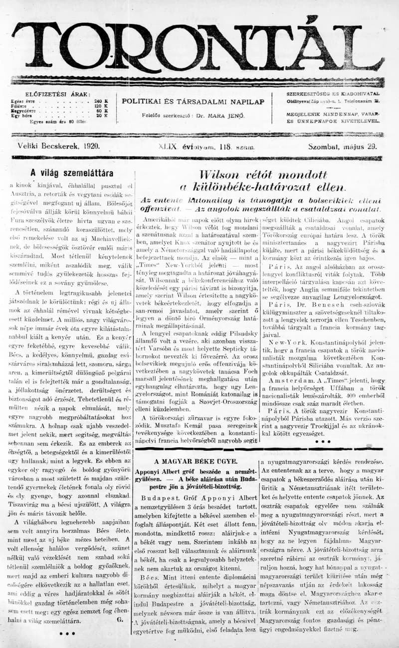 Torontál, 49. évf. 1920. május 29. 118. sz.