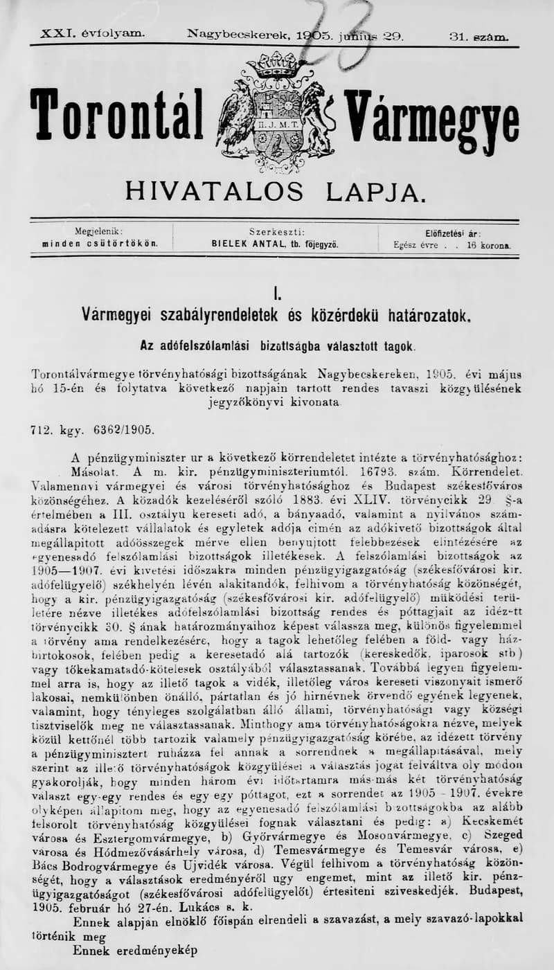 Torontál Vármegye Hivatalos Lapja, 21. évf. 1905. június 29. 31. sz.
