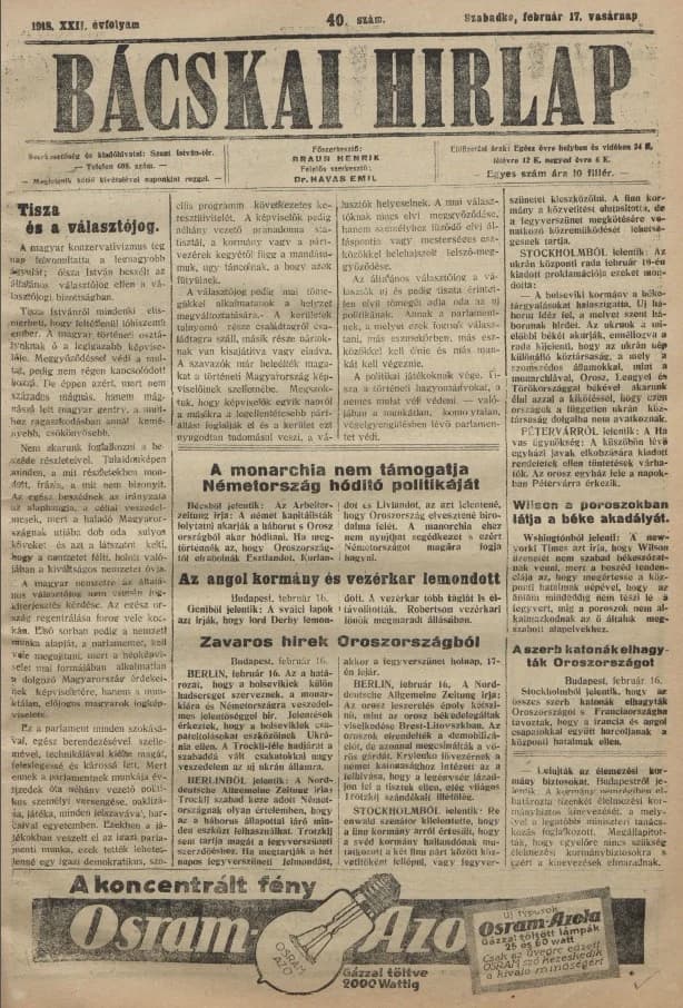 Bácskai Hirlap, 22. évf. 1918. február 17. 40. sz.