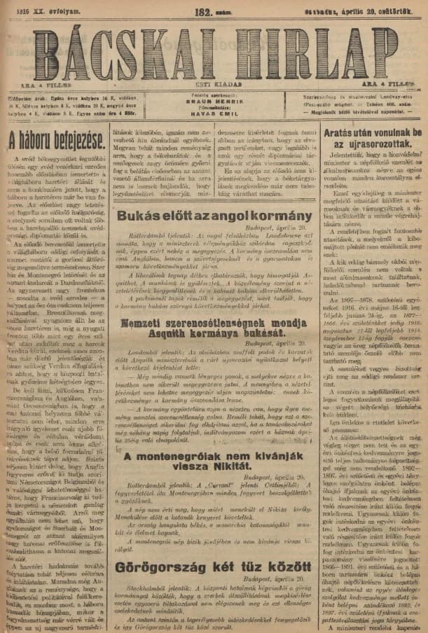 Bácskai Hirlap, 20. évf. 1916. április 20. 182. sz.