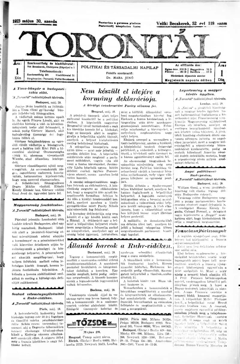 Torontál, 52. évf. 1923. május 30. 119. sz.