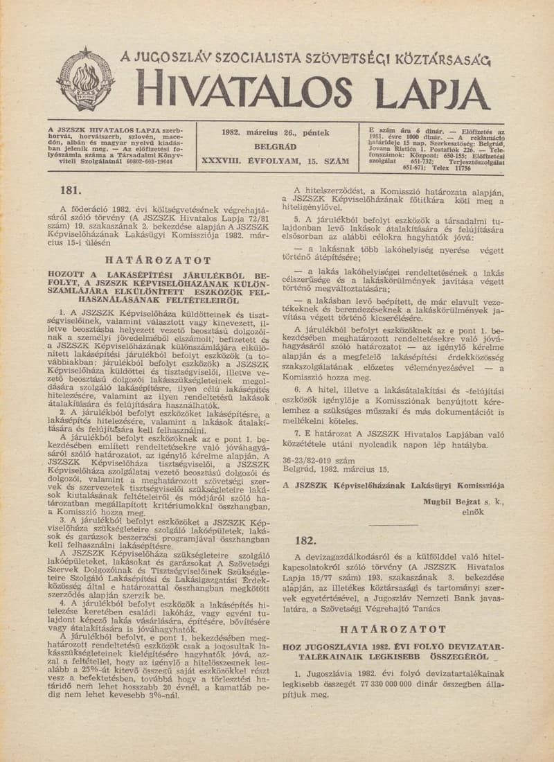 A Jugoszláv Szocialista Szövetségi Köztársaság Hivatalos Lapja, 38. évf. 1982. március 26. 15. sz. 449–460. oldal