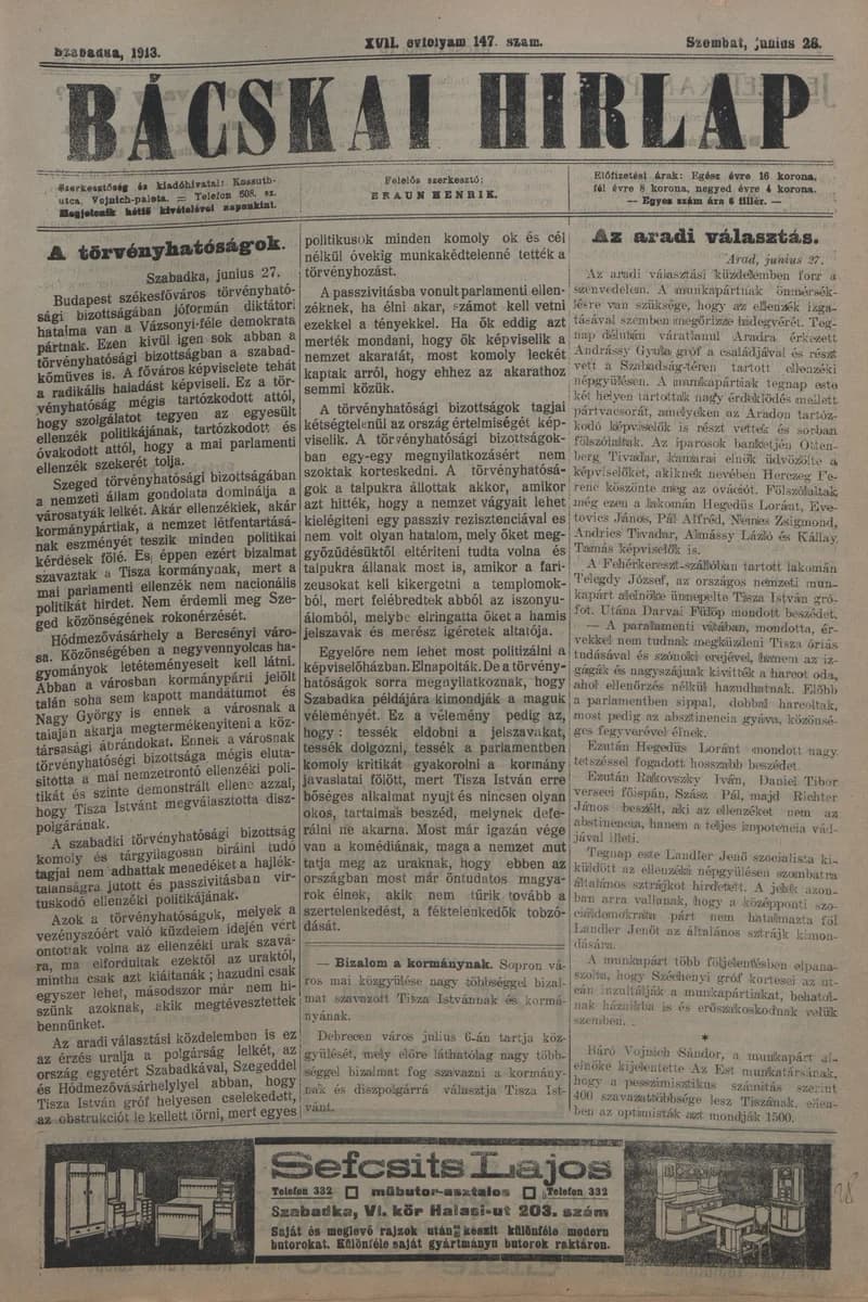 Bácskai Hirlap, 17. évf. 1913. június 28. 147. sz.