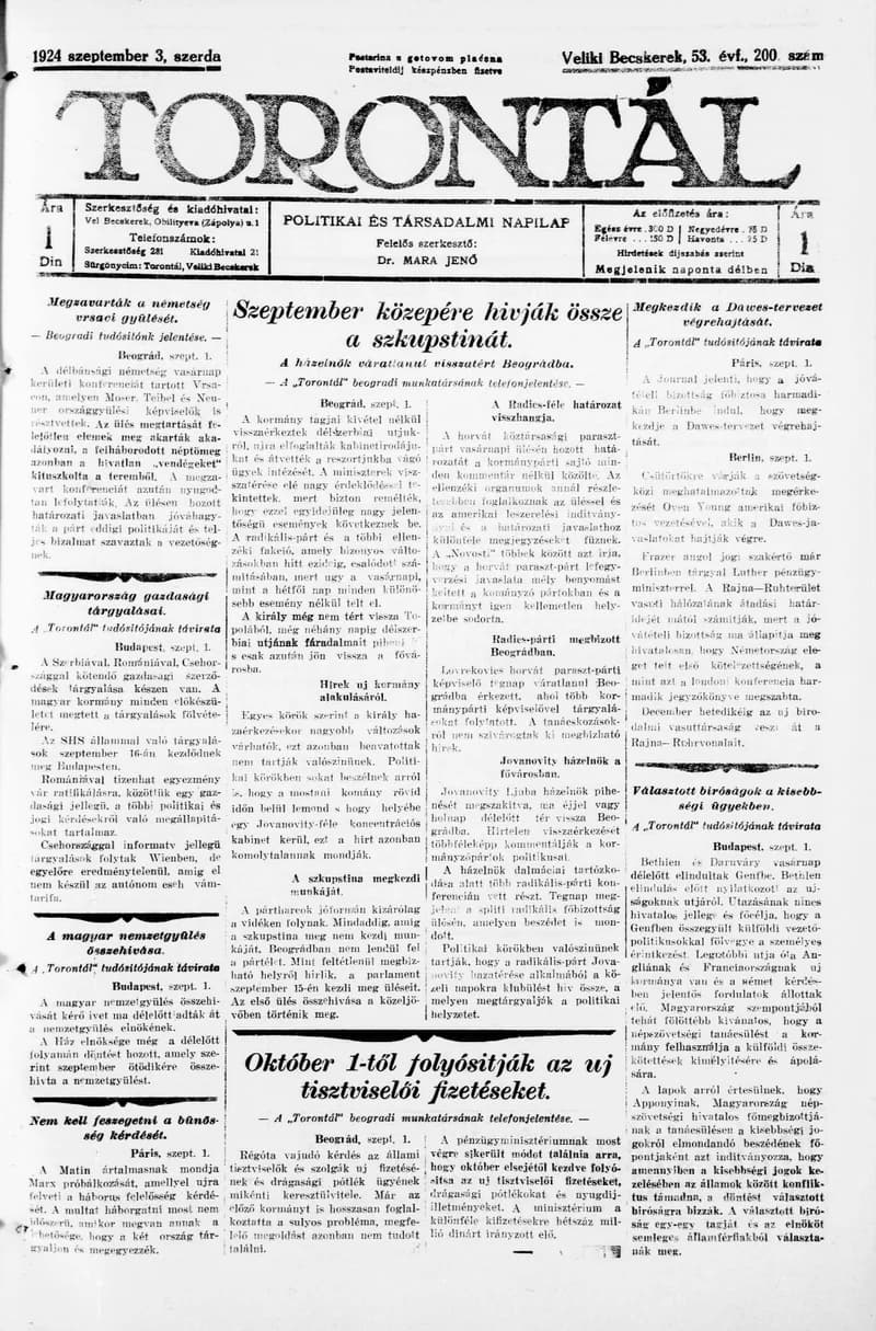 Torontál, 53. évf. 1924. szeptember 3. 200. sz.