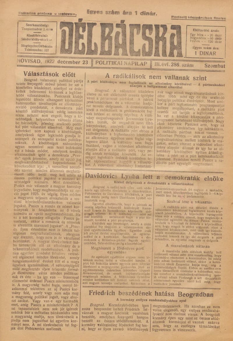 Délbácska, 3. évf. 1922. december 23. 286. sz.