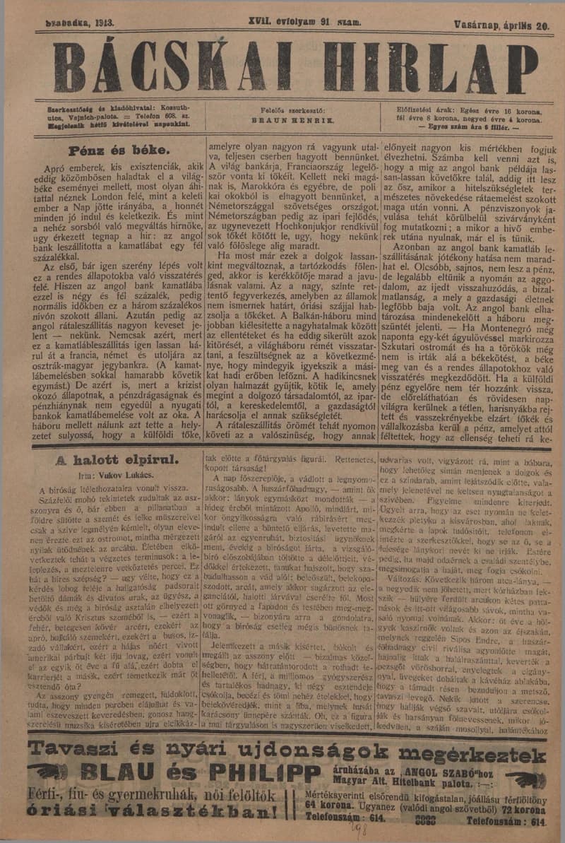 Bácskai Hirlap, 17. évf. 1913. április 20. 91. sz.