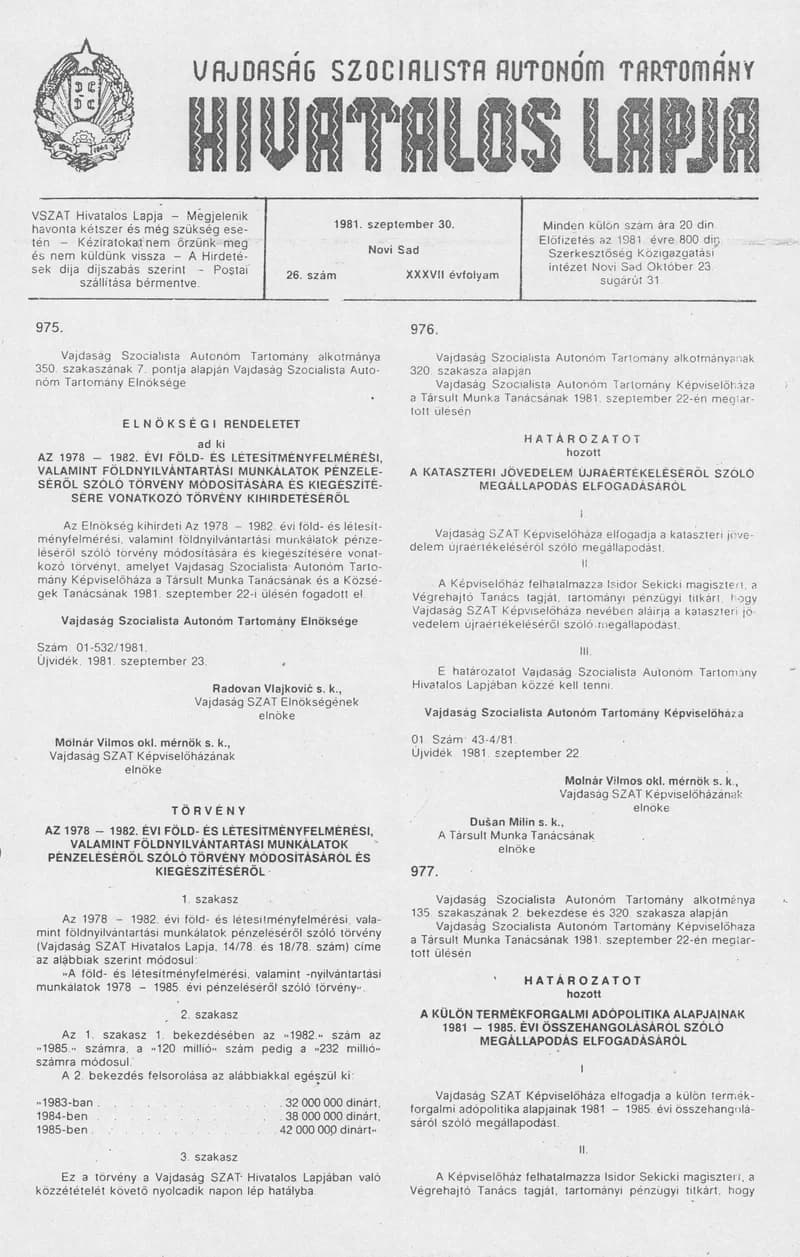 Vajdaság Szocialista Autonóm Tartomány Hivatalos Lapja, 37. évf. 1981. szeptember 30. 26. sz.