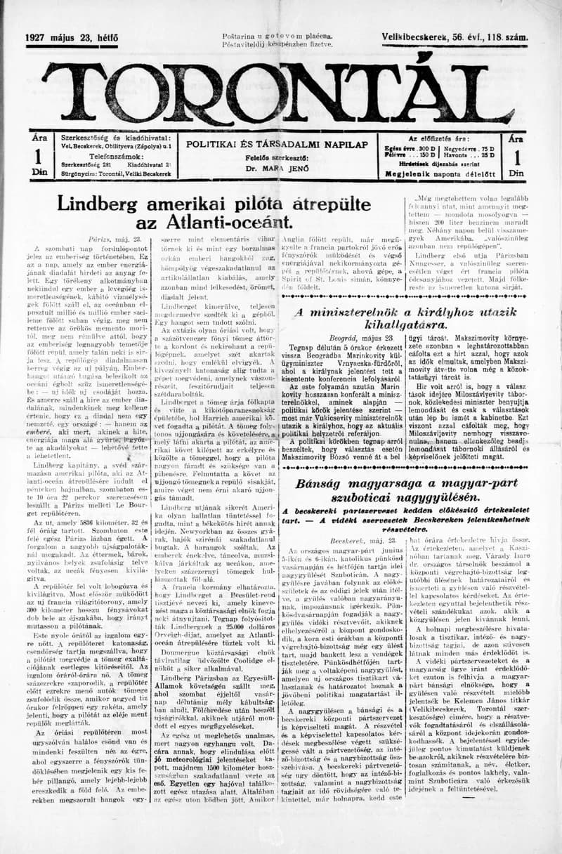 Torontál, 56. évf. 1927. május 23. 118. sz.
