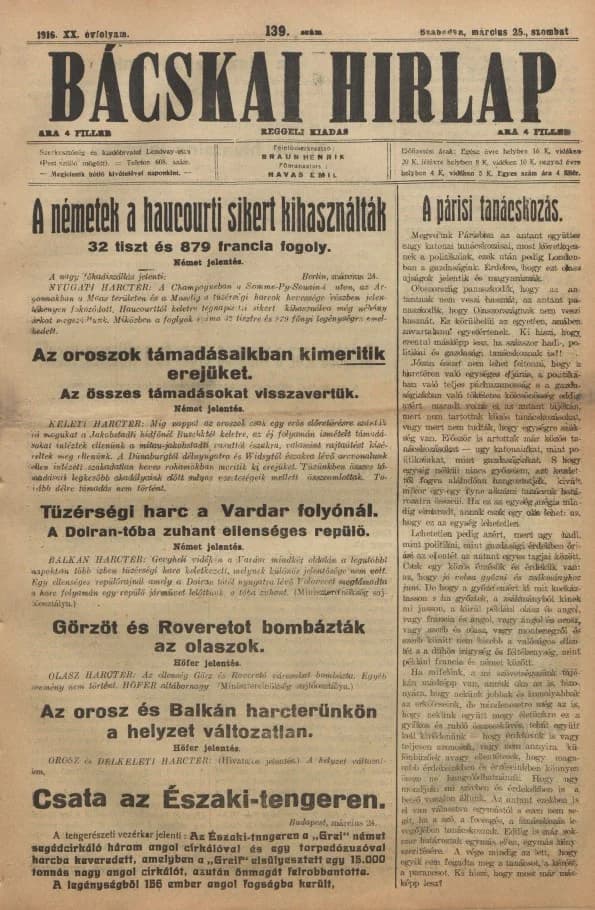 Bácskai Hirlap, 20. évf. 1916. március 25. 139. sz.