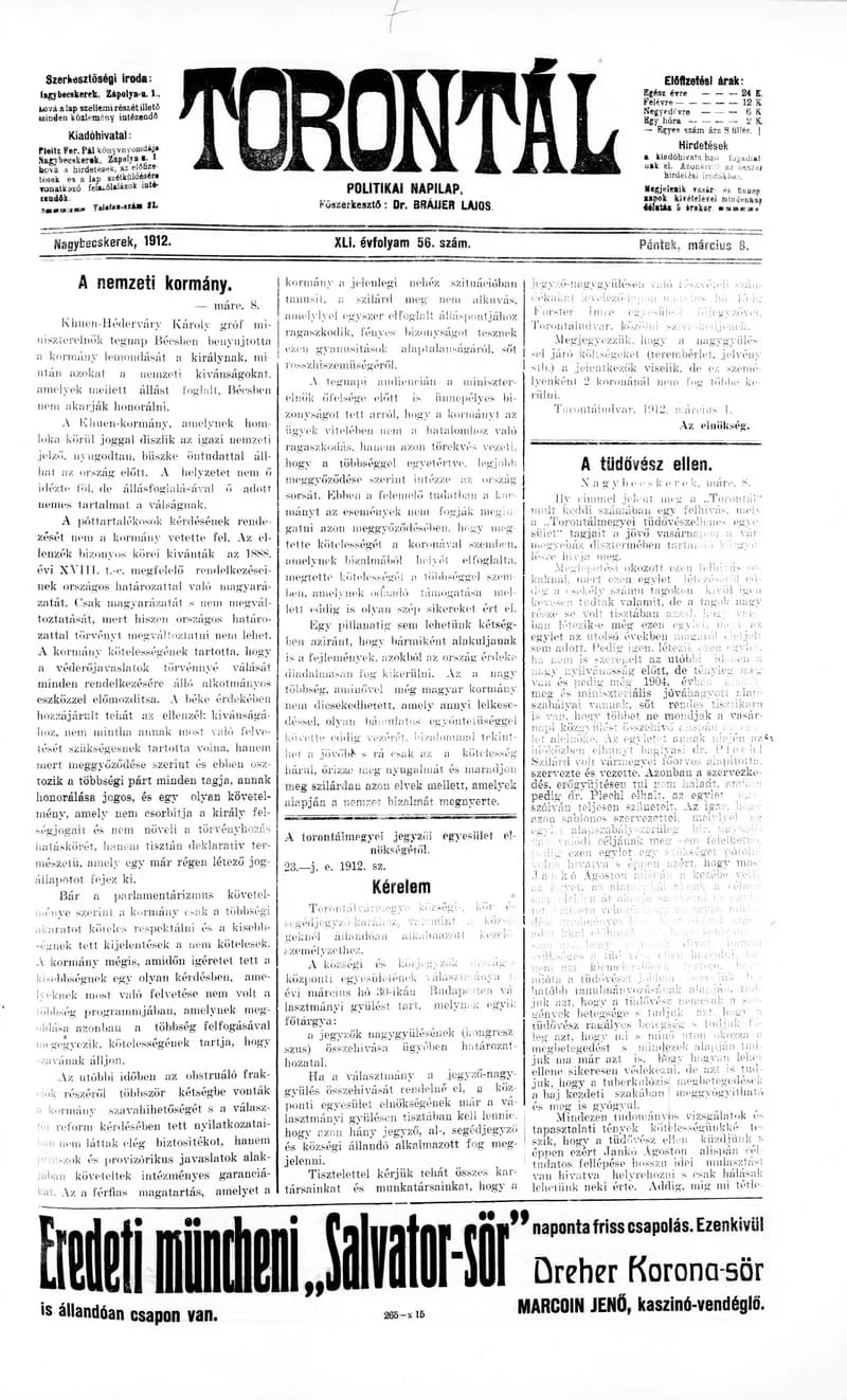 Torontál, 41. évf. 1912. március 8. 56. sz.