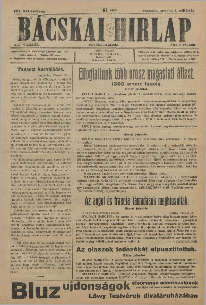 Bácskai Hirlap, 21. évf. 1917. március 1. 81. sz.
