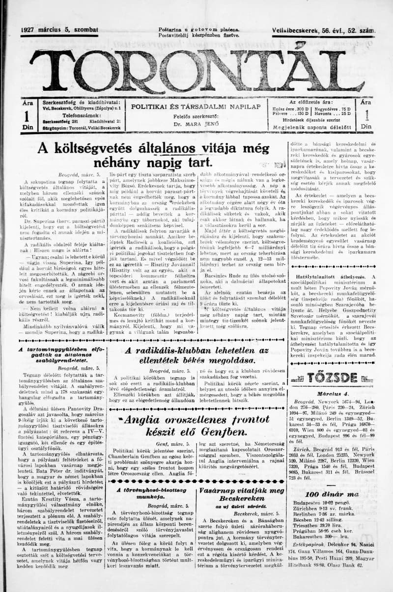 Torontál, 56. évf. 1927. március 5. 52. sz.
