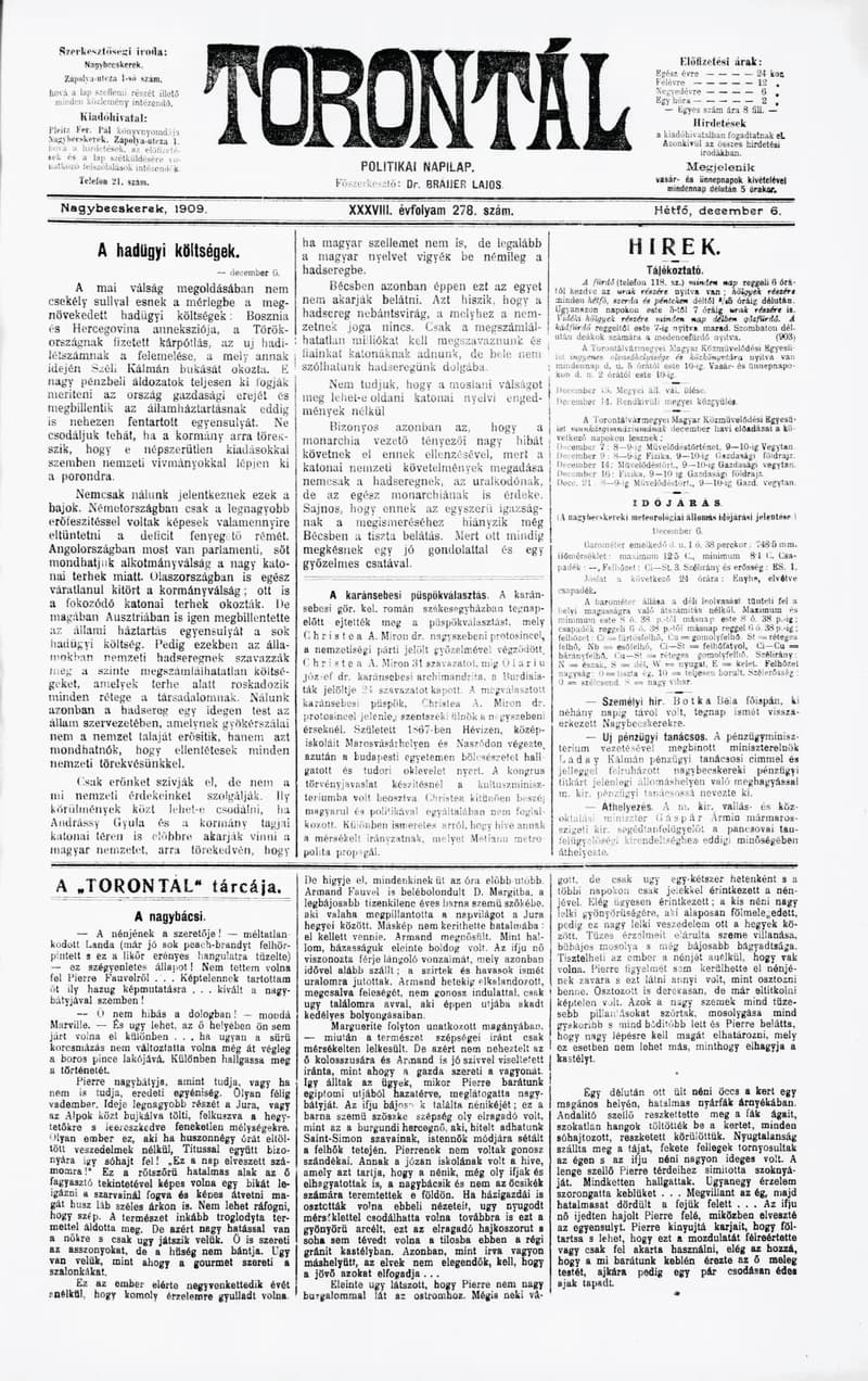 Torontál, 38. évf. 1909. december 6. 278. sz.
