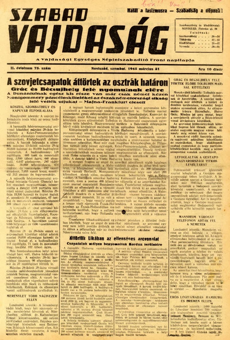 Szabad Vajdaság, 2. évf. 1945. március 31. 73. sz.