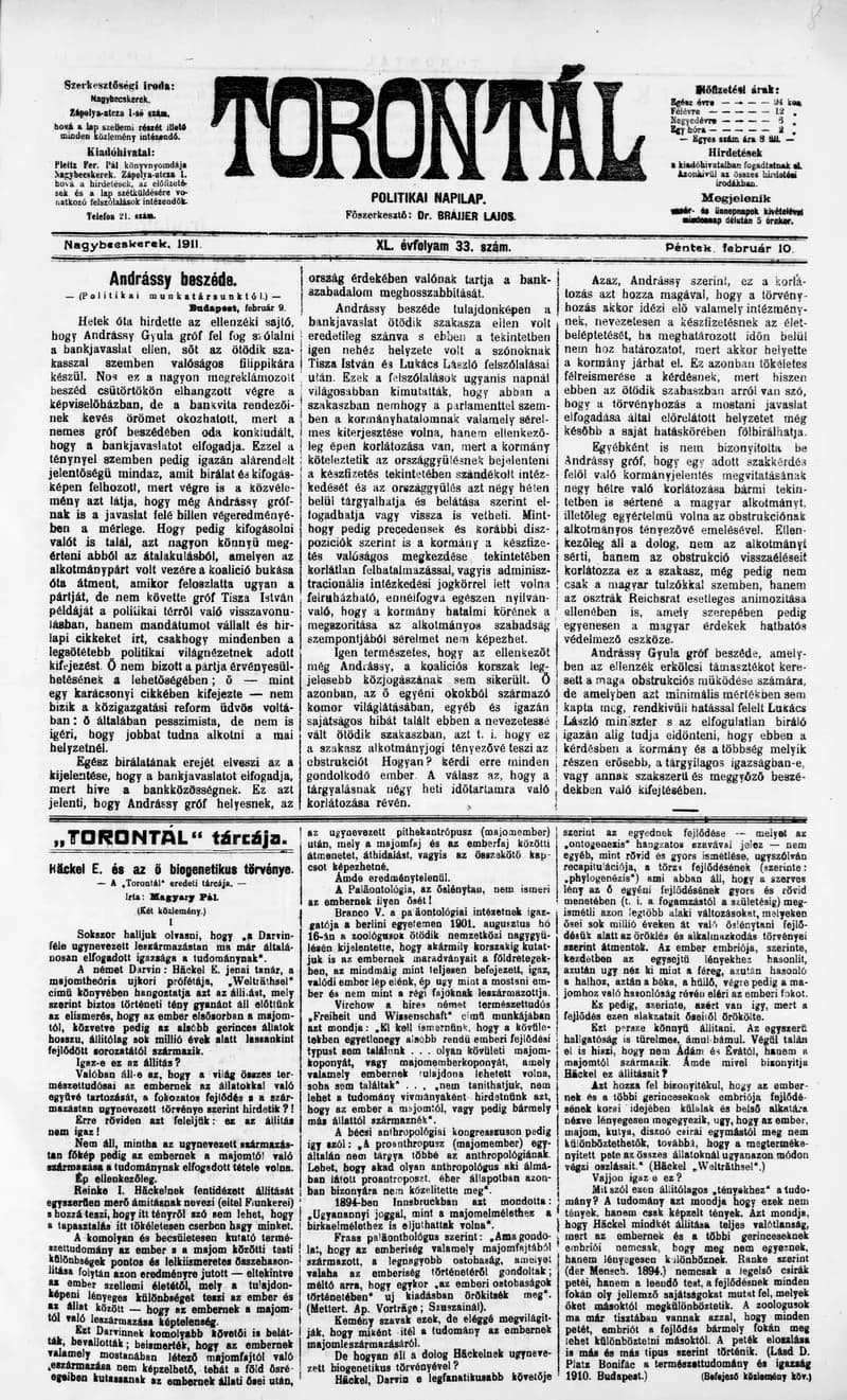 Torontál, 40. évf. 1911. február 10. 33. sz.