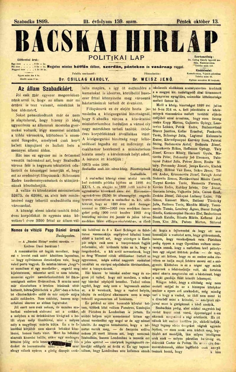 Bácskai Hirlap, 3. évf. 1899. október 13. 159. sz.