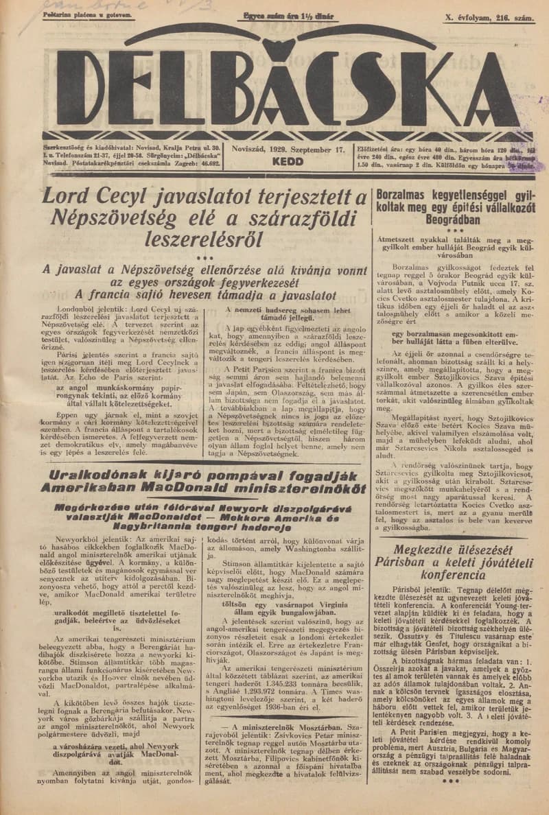 Délbácska, 10. évf. 1929. szeptember 17. 216. sz.