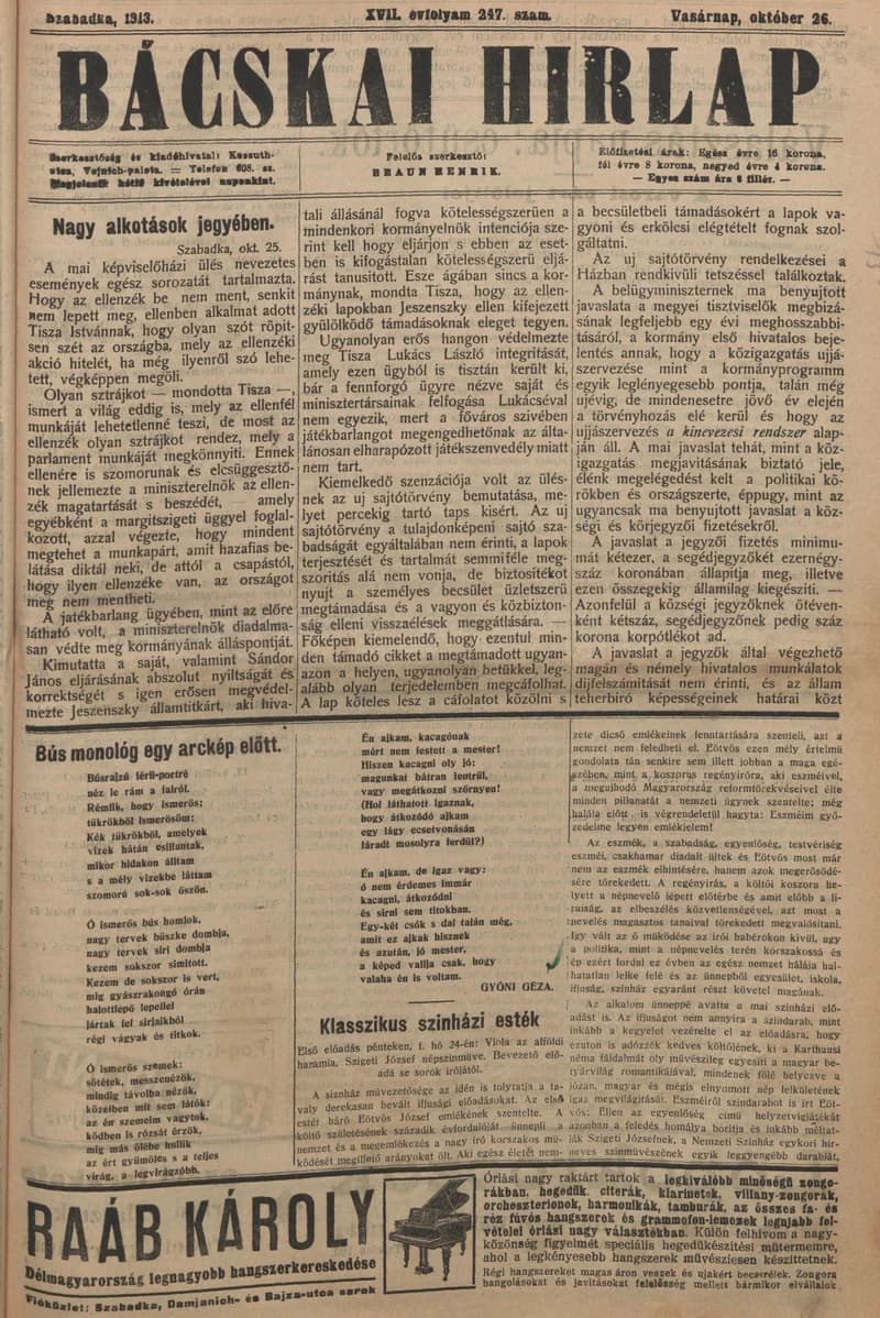 Bácskai Hirlap, 17. évf. 1913. október 26. 247. sz.