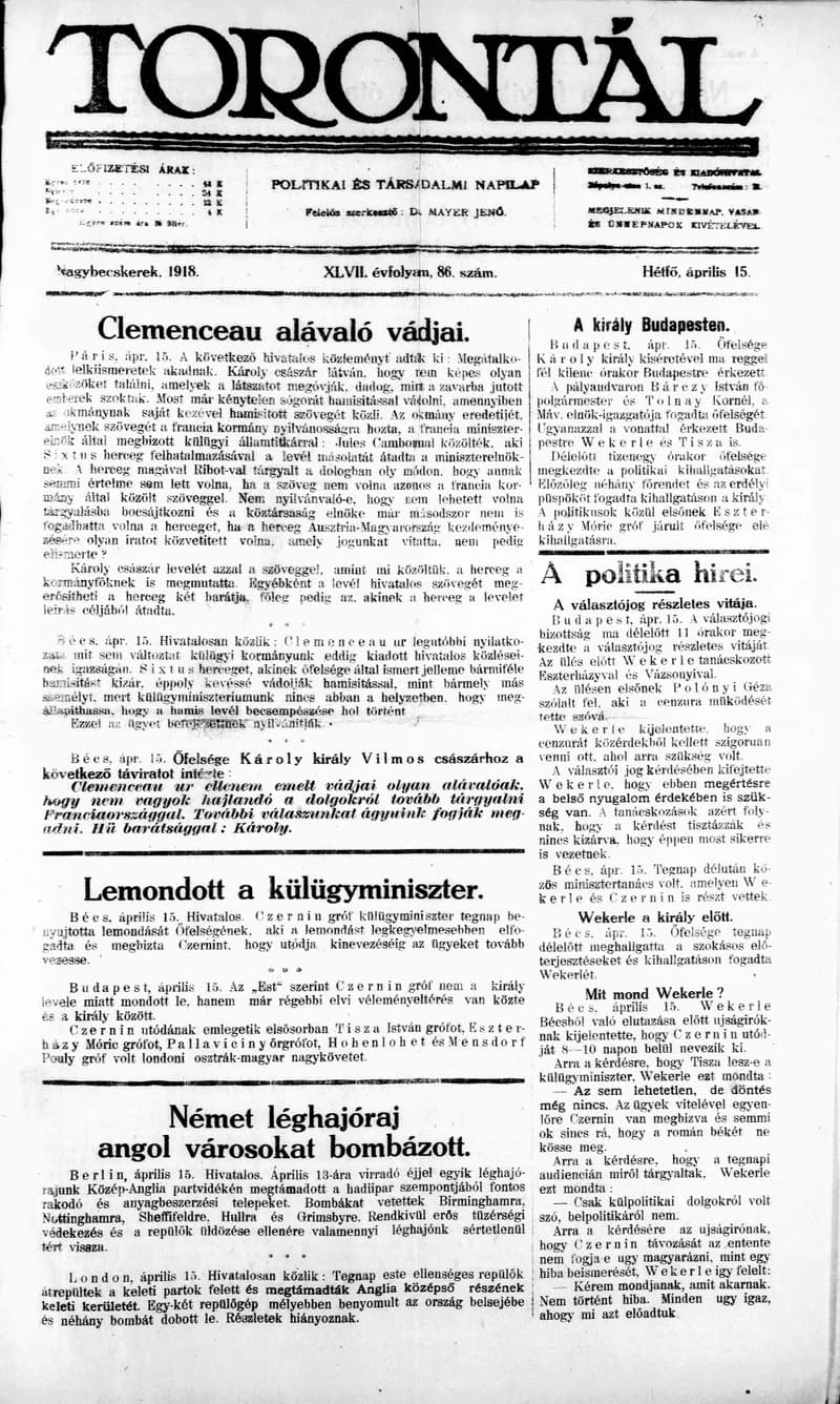 Torontál, 47. évf. 1918. április 15. 86. sz.