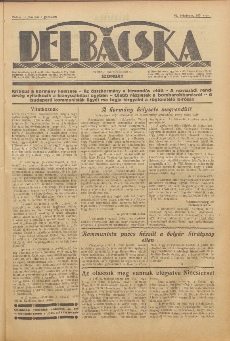 Délbácska, 6. évf. 1925. november 14. 265. sz.