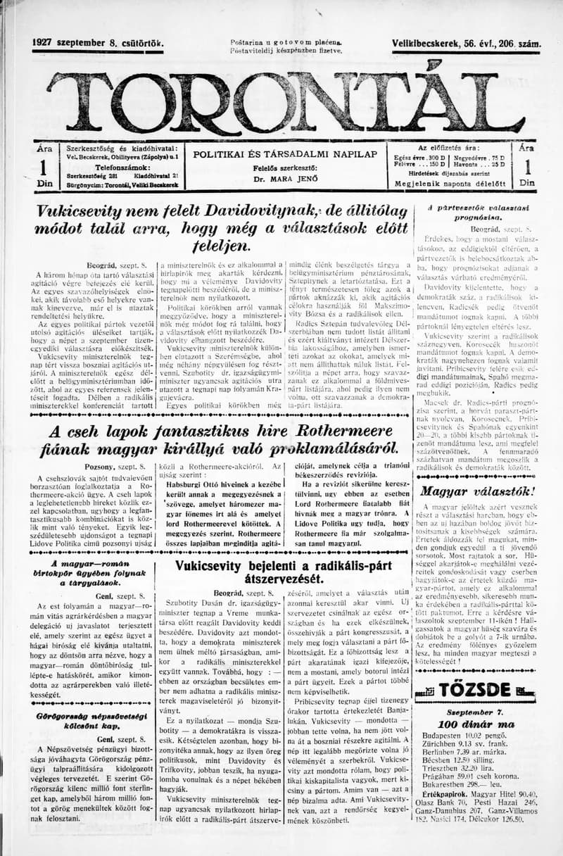 Torontál, 56. évf. 1927. szeptember 8. 206. sz.