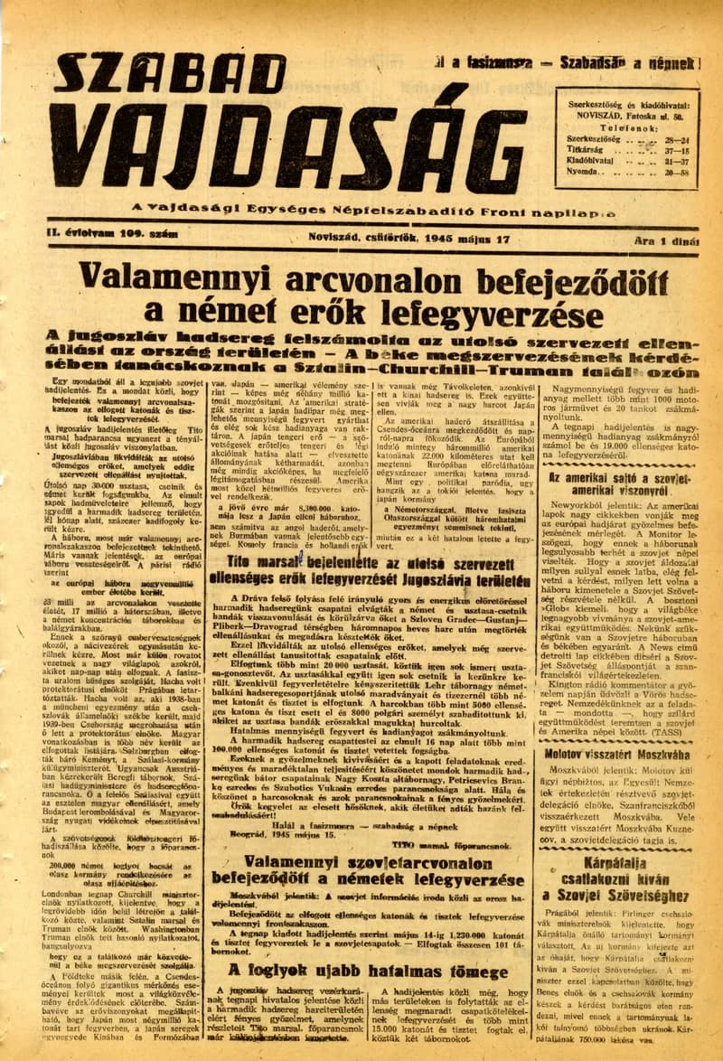 Szabad Vajdaság, 2. évf. 1945. május 17. 109. sz.