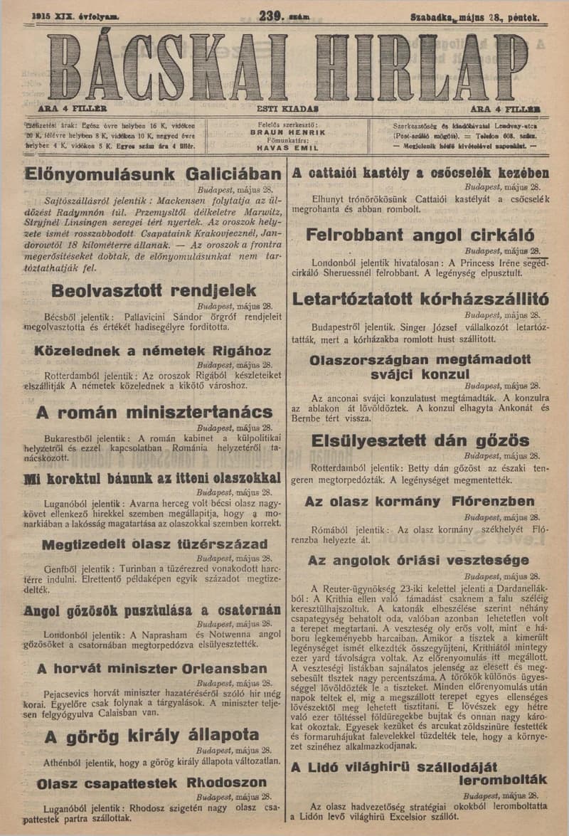 Bácskai Hirlap, 19. évf. 1915. május 28. 239. sz.