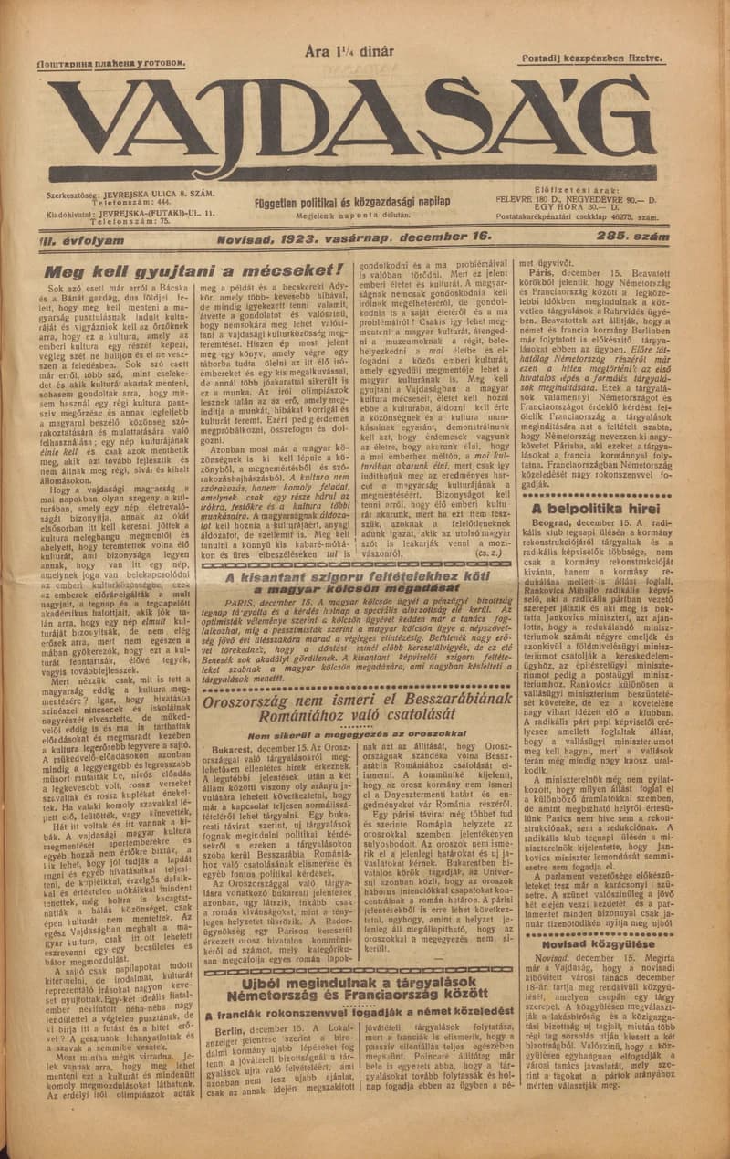 Vajdaság, 3. évf. 1923. december 16. 285. sz.