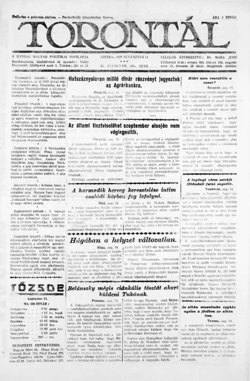 Torontál, 58. évf. 1929. augusztus 14. 186. sz.