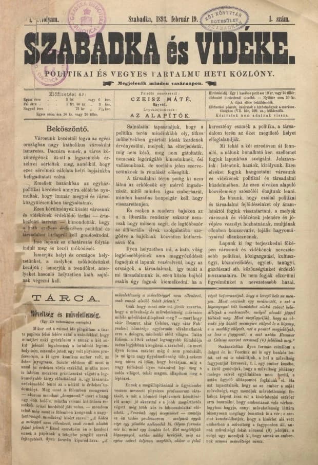 Szabadka és vidéke II, 1. évf. 1893. február 19. 1. sz.