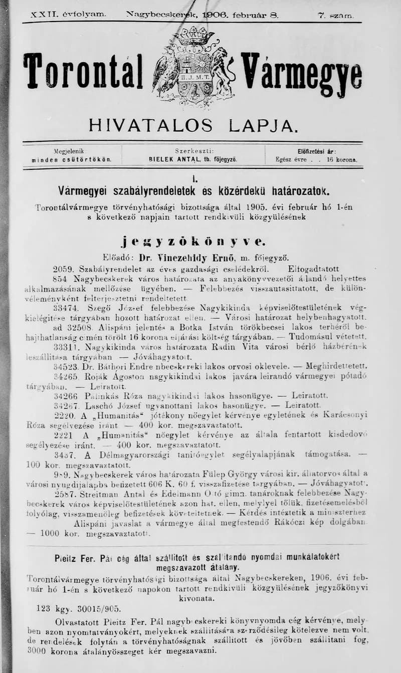 Torontál Vármegye Hivatalos Lapja, 22. évf. 1906. február 8. 7. sz.