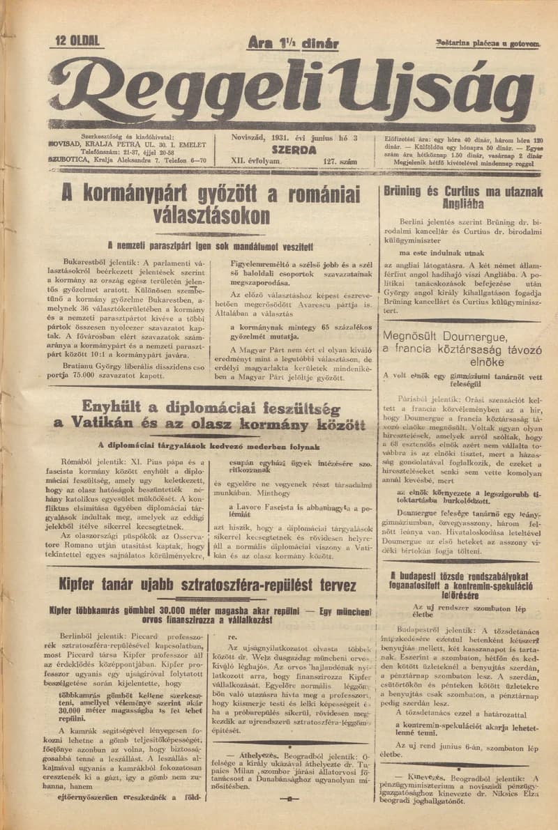 Reggeli Újság, 12. évf. 1931. június 3. 127. sz.