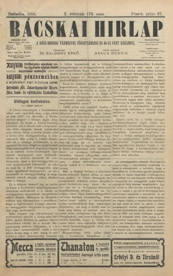 Bácskai Hirlap, 10. évf. 1906. július 27. 173. sz.