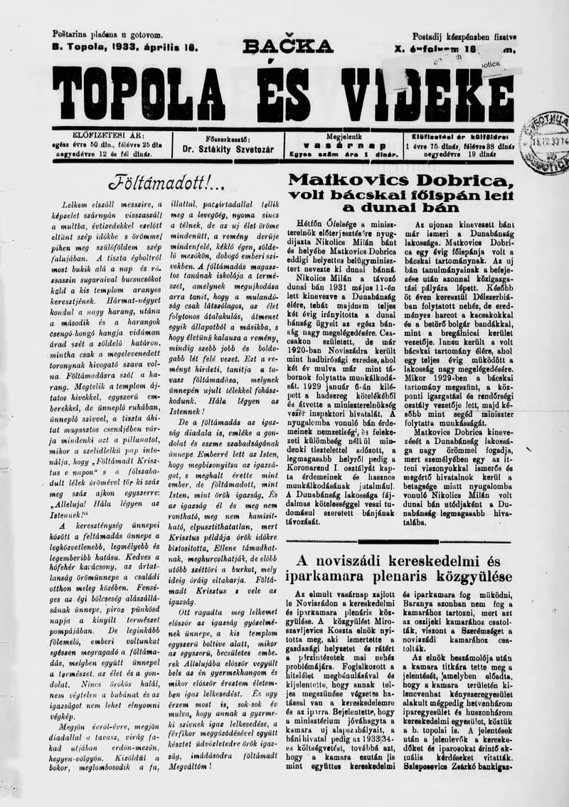Bačka Topola és Vidéke, 10. évf. 1933. április 16. 16. sz.