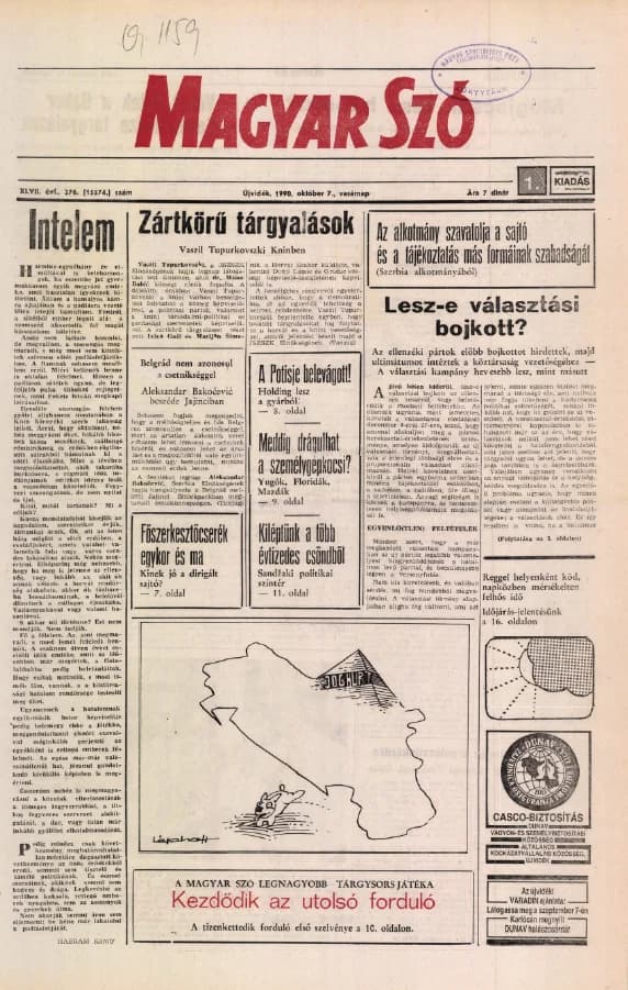 Magyar Szó, 47. évf. 1990. október 7. 276. sz. 1–32. oldal