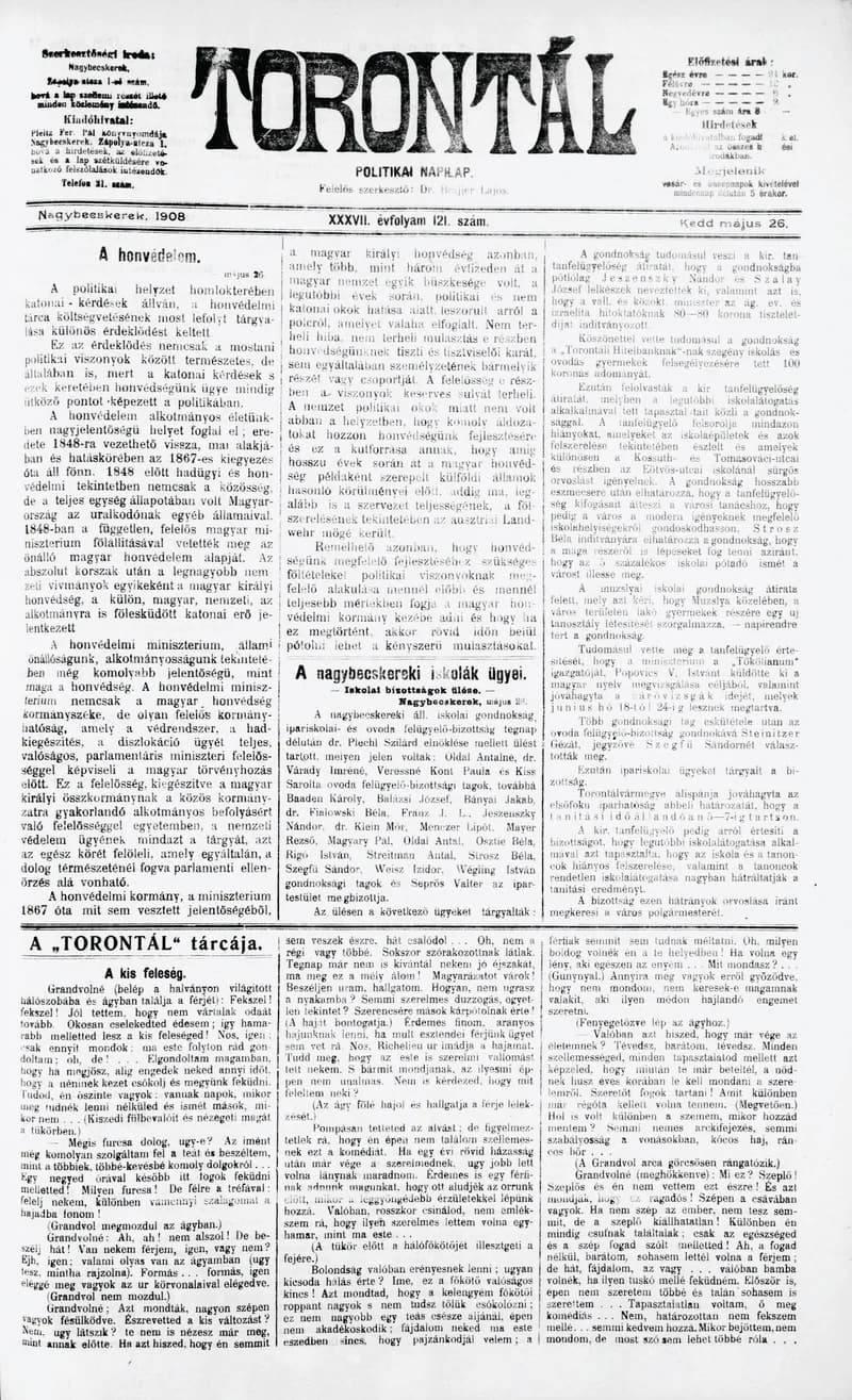 Torontál, 37. évf. 1908. május 26. 121. sz.