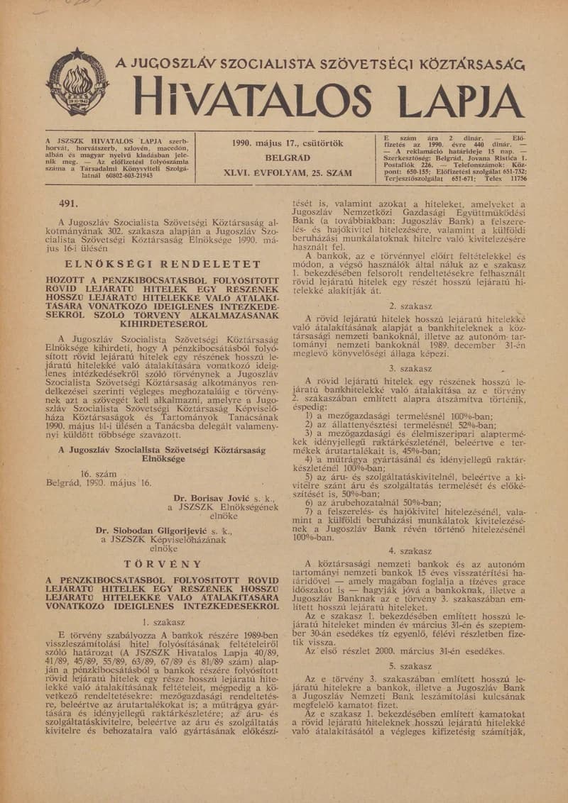 A Jugoszláv Szocialista Szövetségi Köztársaság Hivatalos Lapja, 46. évf. 1990. május 17. 25. sz. 929–932. oldal