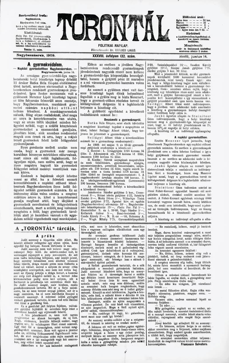 Torontál, 38. évf. 1909. június 14. 132. sz.
