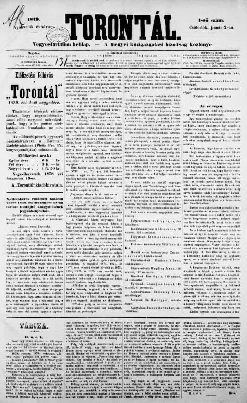 Torontál, 8. évf. 1879. január 2. 1. sz.